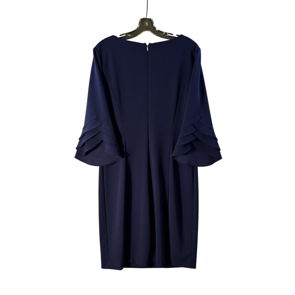 DKNY Navy Blue Bell Sleeve Sheath Dress With Tiered Ruffle Detail Zipper Closure - Picture 4 of 8